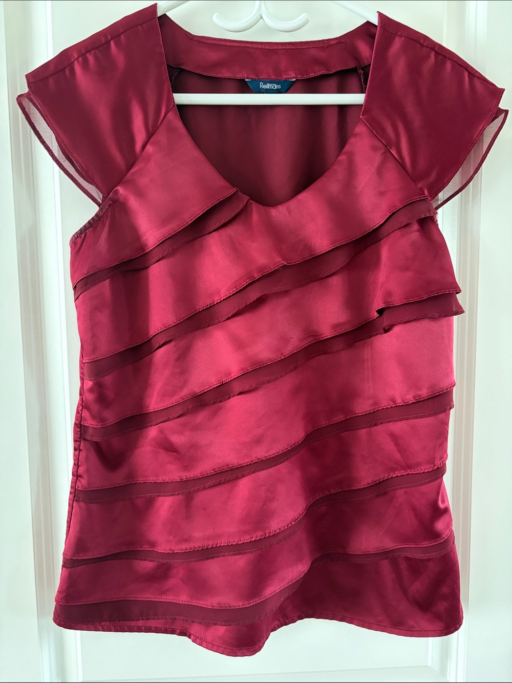 Relativity Burgundy Tiered Ruffle Cap-Sleeve Blouse c34